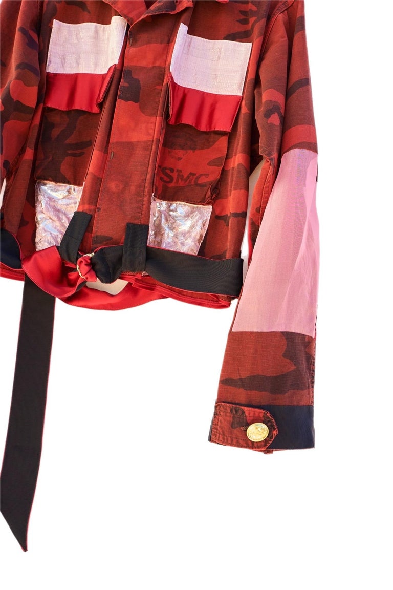 Cropped Designer Jacket Camouflage Red Pink Patch Work Brocade Sheer  Organza For Sale at 1stDibs