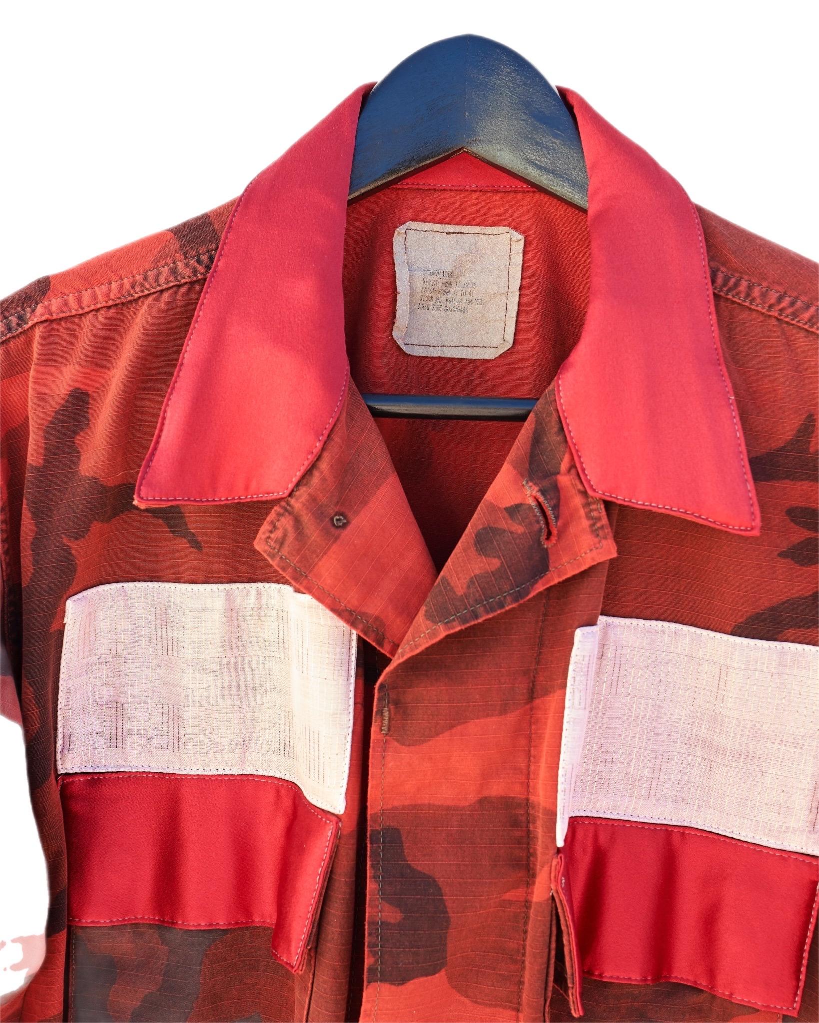 Cropped Designer Jacket Camouflage Red Pink Patch Work Brocade Sheer Organza 3