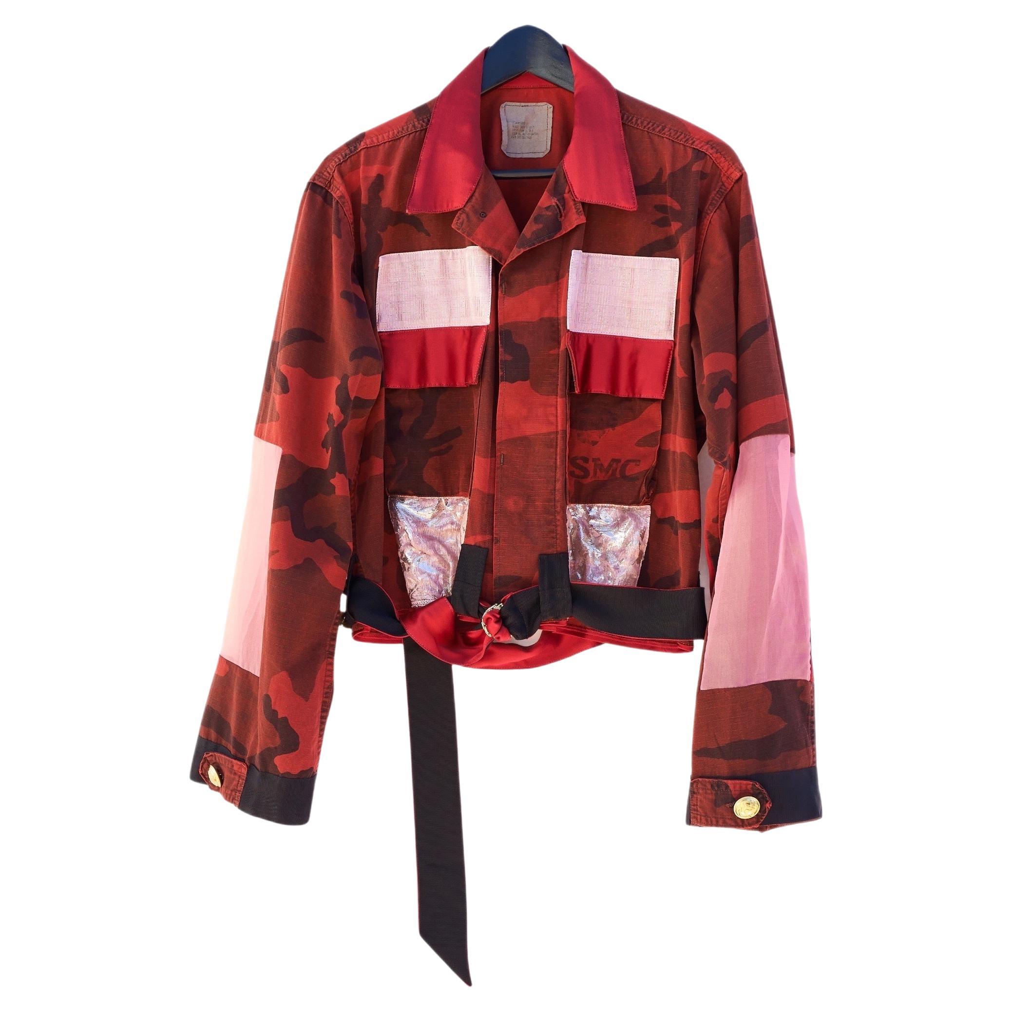 Designer J Dauphin 
Repurposed Vintage US Military Designer Jacket Camouflage Red 100% Silk Satin, 100% Pink Silk Sheer See-Through Organza,  Pink Silver Silk Brocade made as a Patch Work. Long Belt in Red Satin and Black Silk Gros Grains

Gold tone