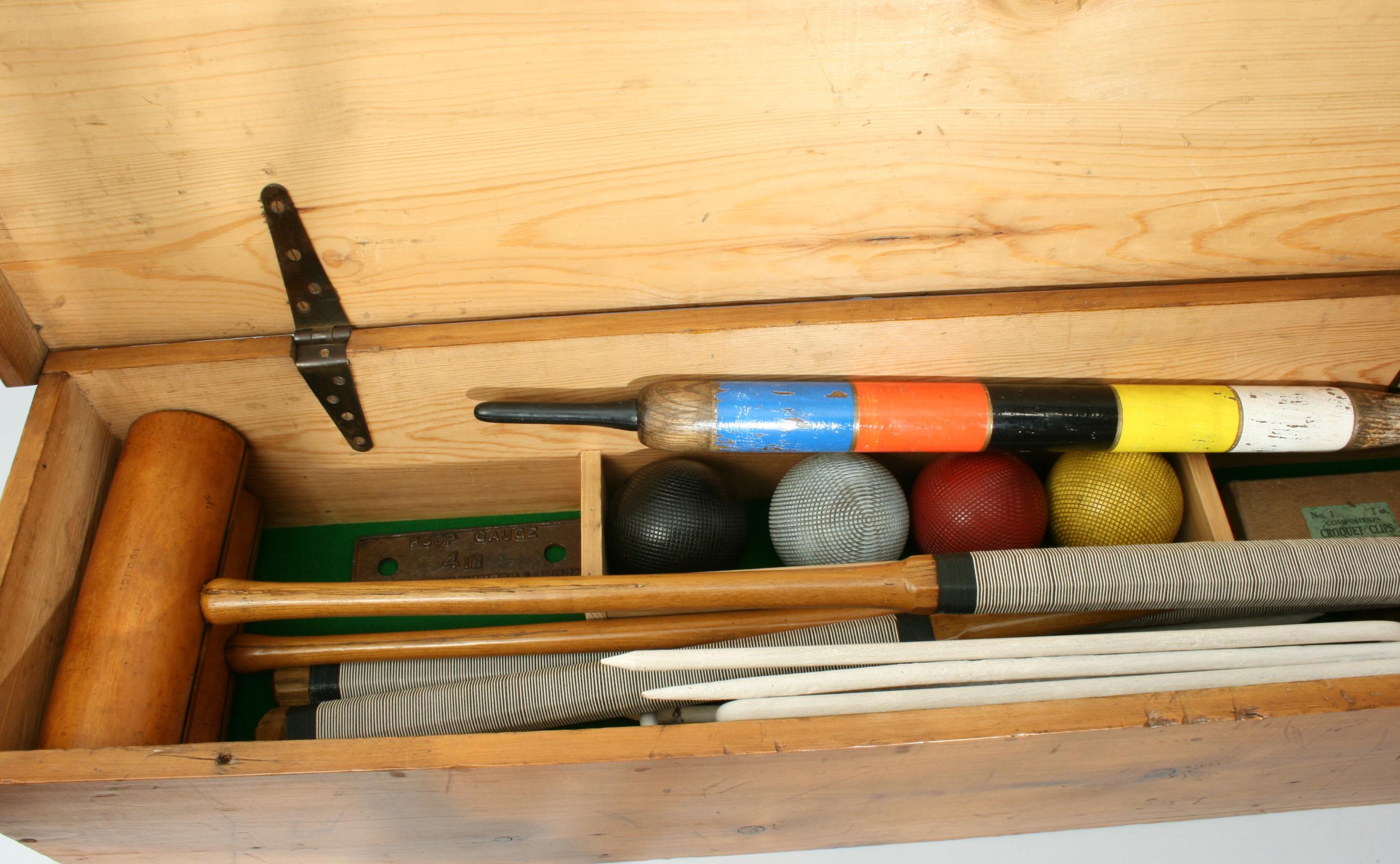 English Vintage Croquet Set in Pine Box, Jaques, London, Army and Navy Co-Op Society Ltd