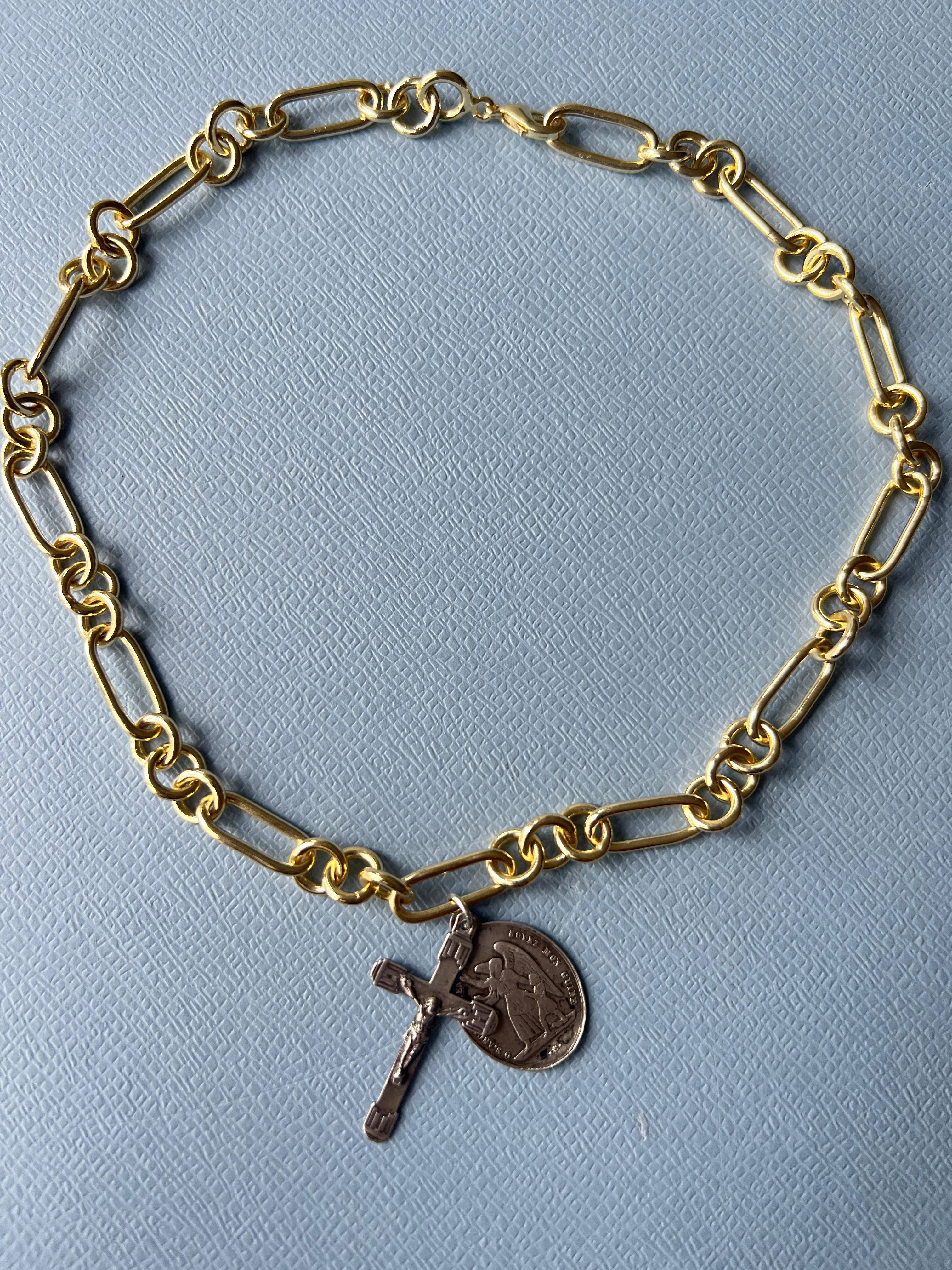 Vintage Cross  Angel Medal Chunky Chain Choker Necklace Silver Gold Plated 8