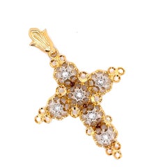 Vintage Cross Pendant - 0.10 CT Round Shape Natural Diamonds, 18K Yellow Gold
