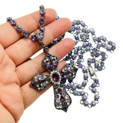 Vintage cross pendant silver purple pink rhinestone long designer necklace