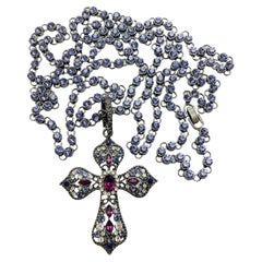  Vintage cross pendant silver purple pink rhinestone long designer necklace