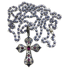 Vintage cross pendant silver purple pink rhinestone long designer necklace