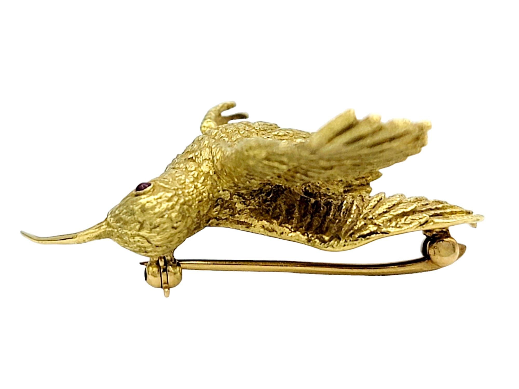 Vintage Crossroads of Sport Hummingbird Brooch with Ruby Eye in 18 Karat Gold  In Good Condition For Sale In Scottsdale, AZ