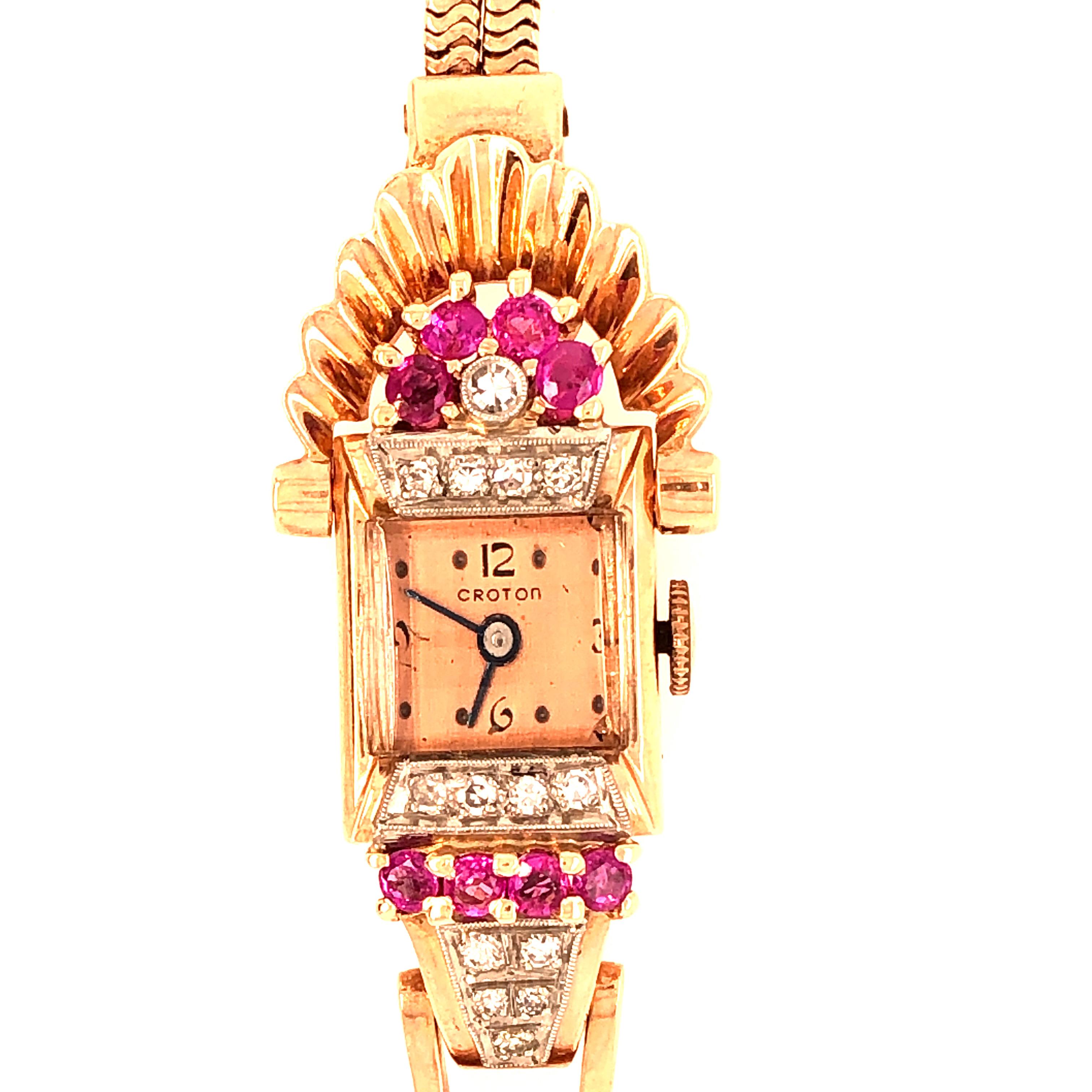 Vintage Croton Ladies 14 Karat Gold Wristwatch 9 Total Diamonds For Sale 2