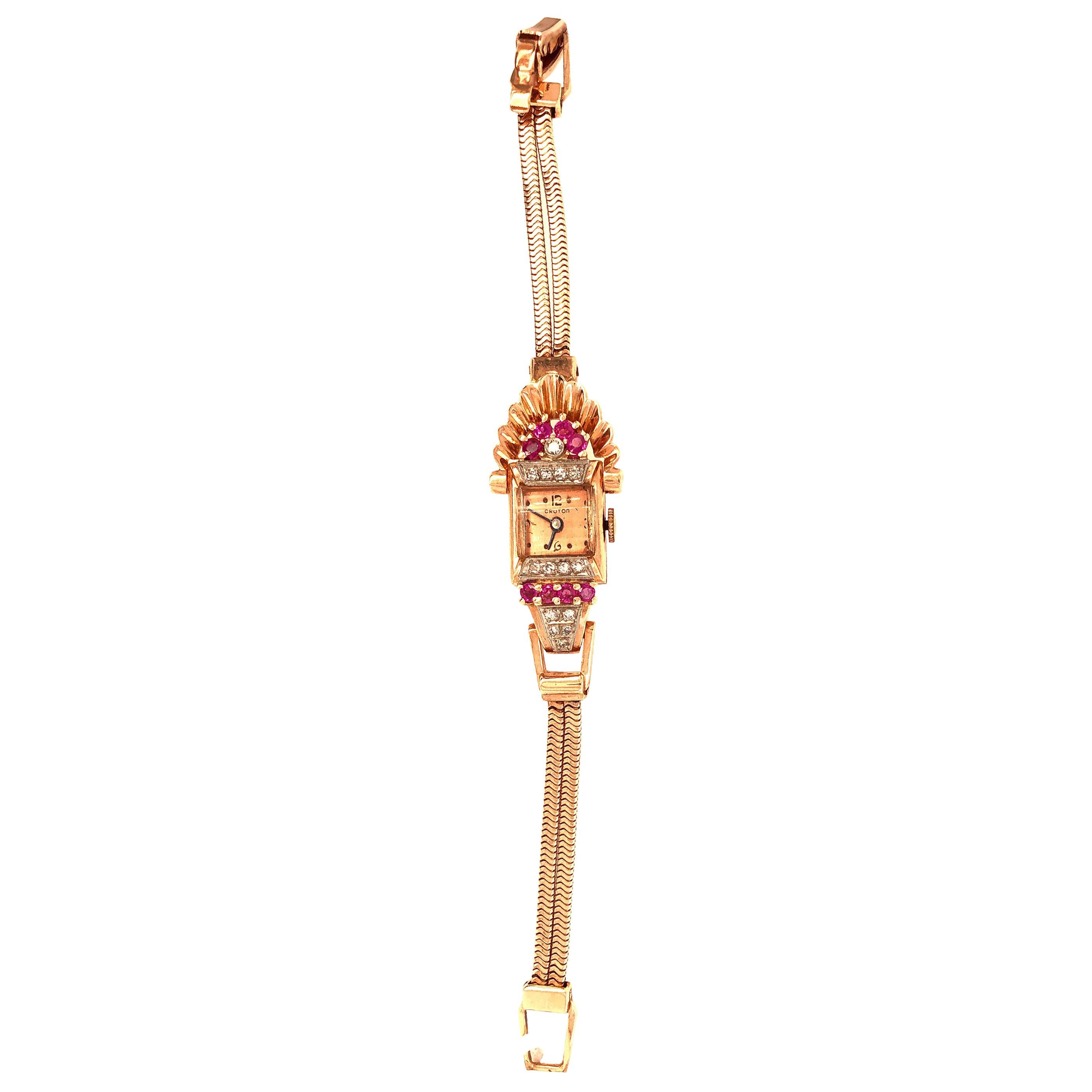 Vintage Croton Ladies 14 Karat Gold Wristwatch 9 Total Diamonds For Sale