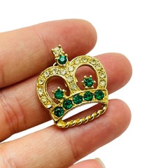 Vintage crown gold emerald rhinestones designer brooch