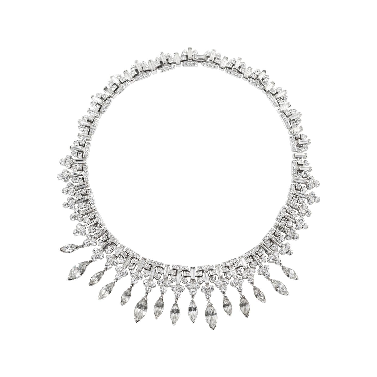 Modern Vintage Crown Trifari Baguette and Round Choker with Dangling Pear circa 1940s