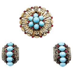 Vintage Crown Trifari Cabochon Turquoise Brooch and Earrings 1940s