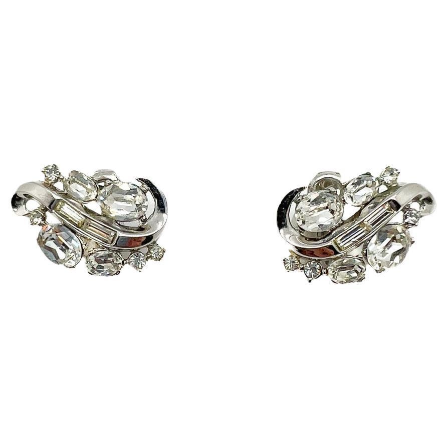 Vintage Crown Trifari Crystal Swirl Earrings 1940s For Sale