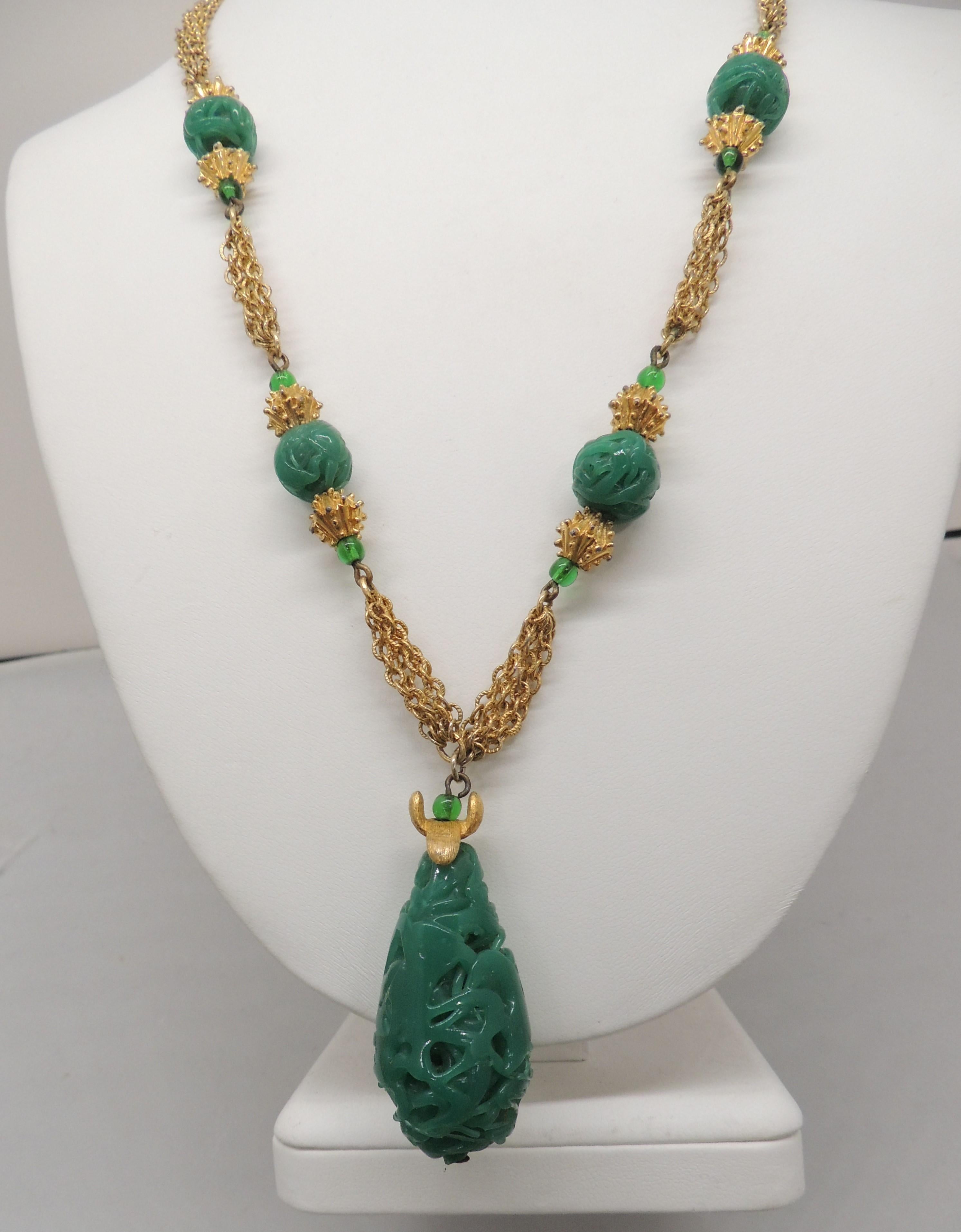 Modern Vintage Crown Trifari Faux-Jade Pendant Necklace For Sale