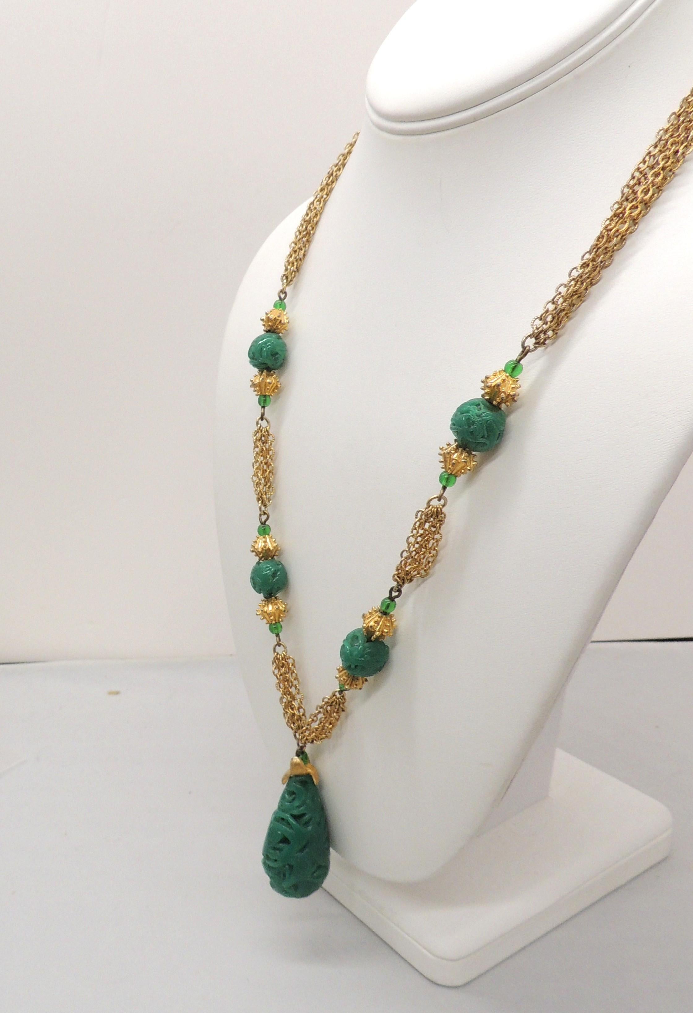 Women's Vintage Crown Trifari Faux-Jade Pendant Necklace For Sale