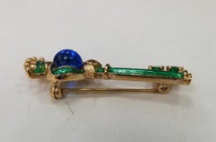 Vintage Crown Trifari Gold Tone Key Brooch Pin Green Enamel with Blue Cabochon