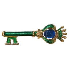 Vintage Crown Trifari Gold Tone Key Brooch Pin Green Enamel with Blue Cabochon