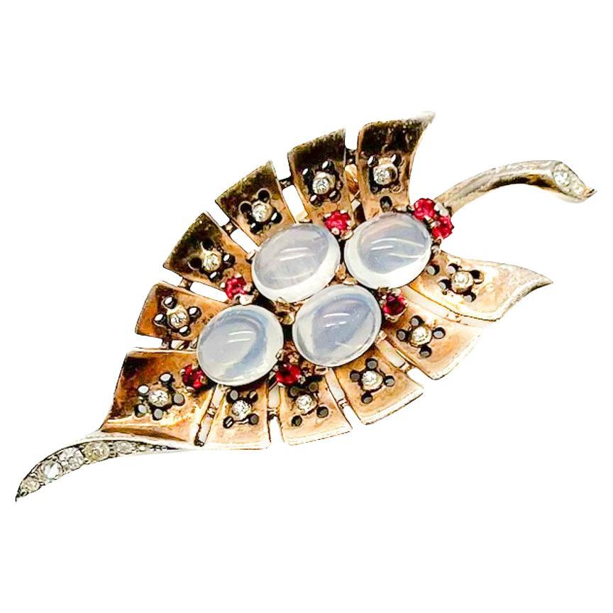 Vintage Crown Trifari Moonstone Leaf Brooch 1940s