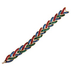 Vintage Crown Trifari Multi-Color Rhinestone Braided Link Bracelet