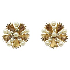 Vintage Crown Trifari Pearl Starburst Earrings 1960s