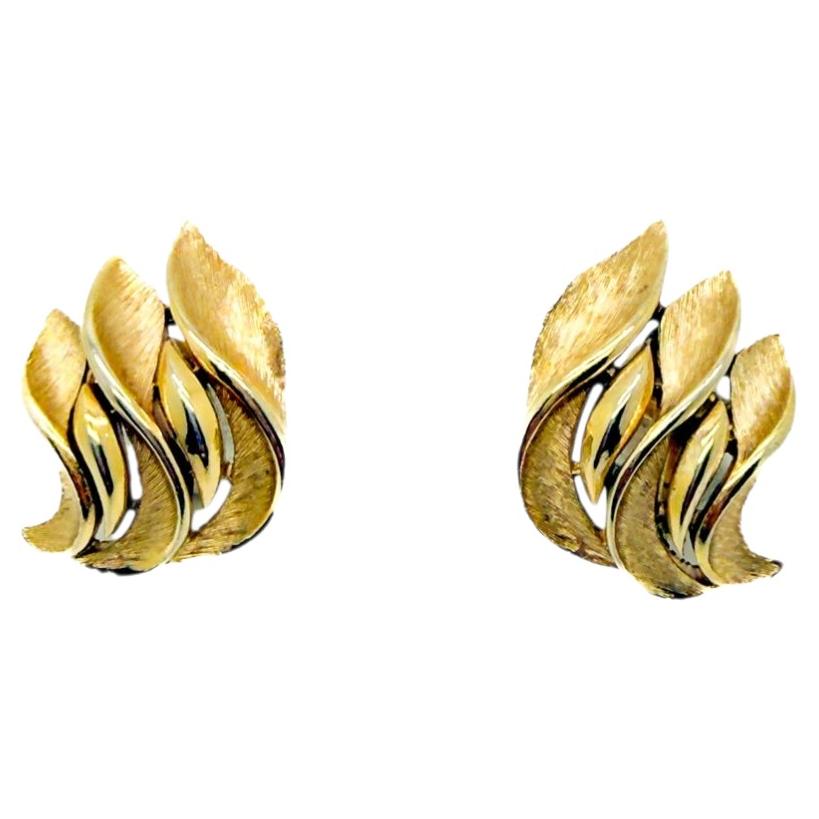Vintage Crown Trifari Sculpted Leaf Earrings 1960s