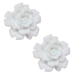 Vintage Crown Trifari Three Dimensional White Rose Earrings, Signed, circa 1950