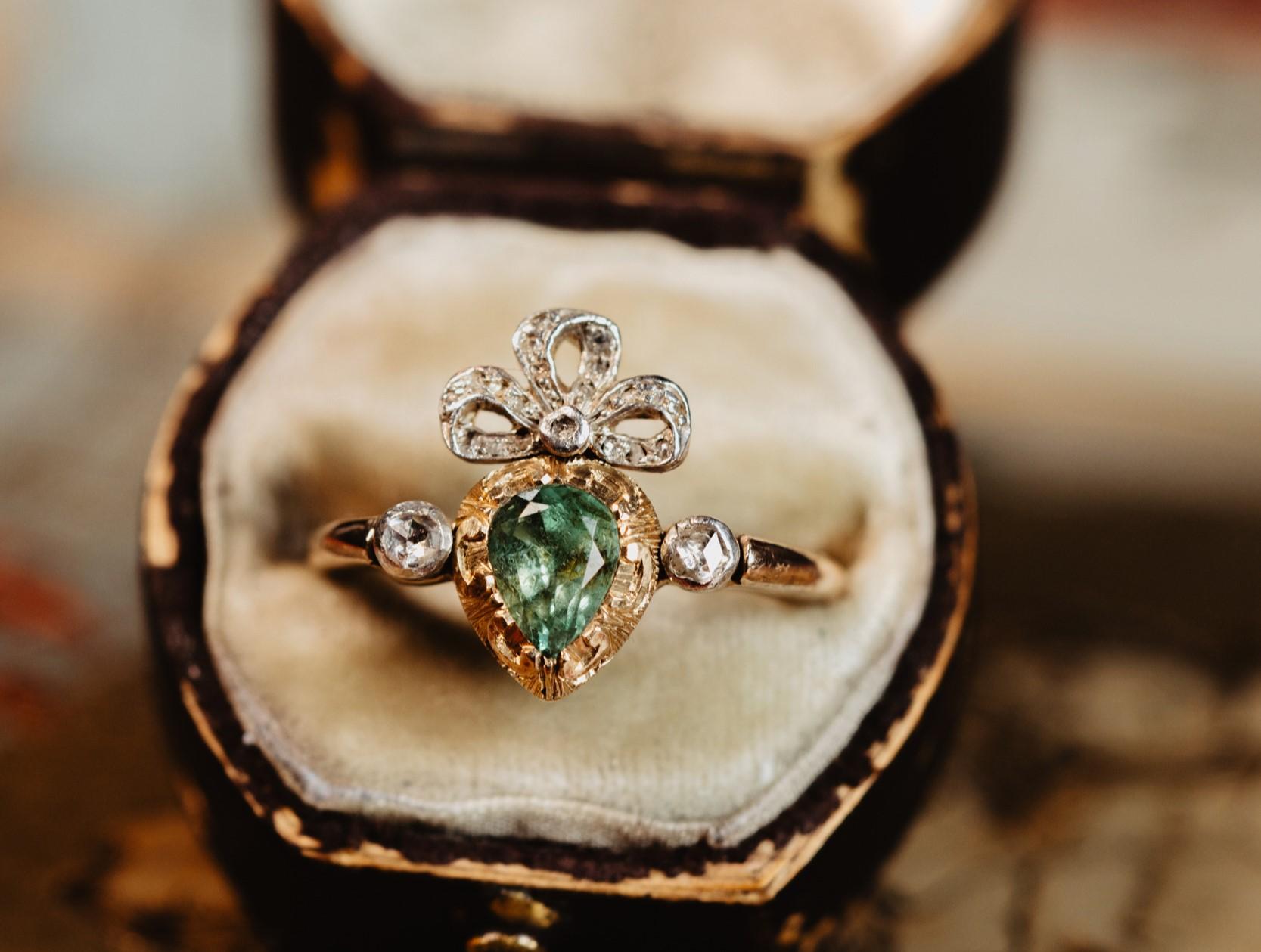 Vintage Crowned Flaming Heart Engagement Ring, Platinum 0.4 CT Emerald Gold Ring For Sale 4