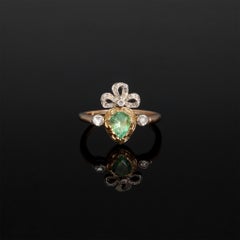 Vintage Crowned Flaming Heart Engagement Ring, Platinum 0.4 CT Emerald Gold Ring