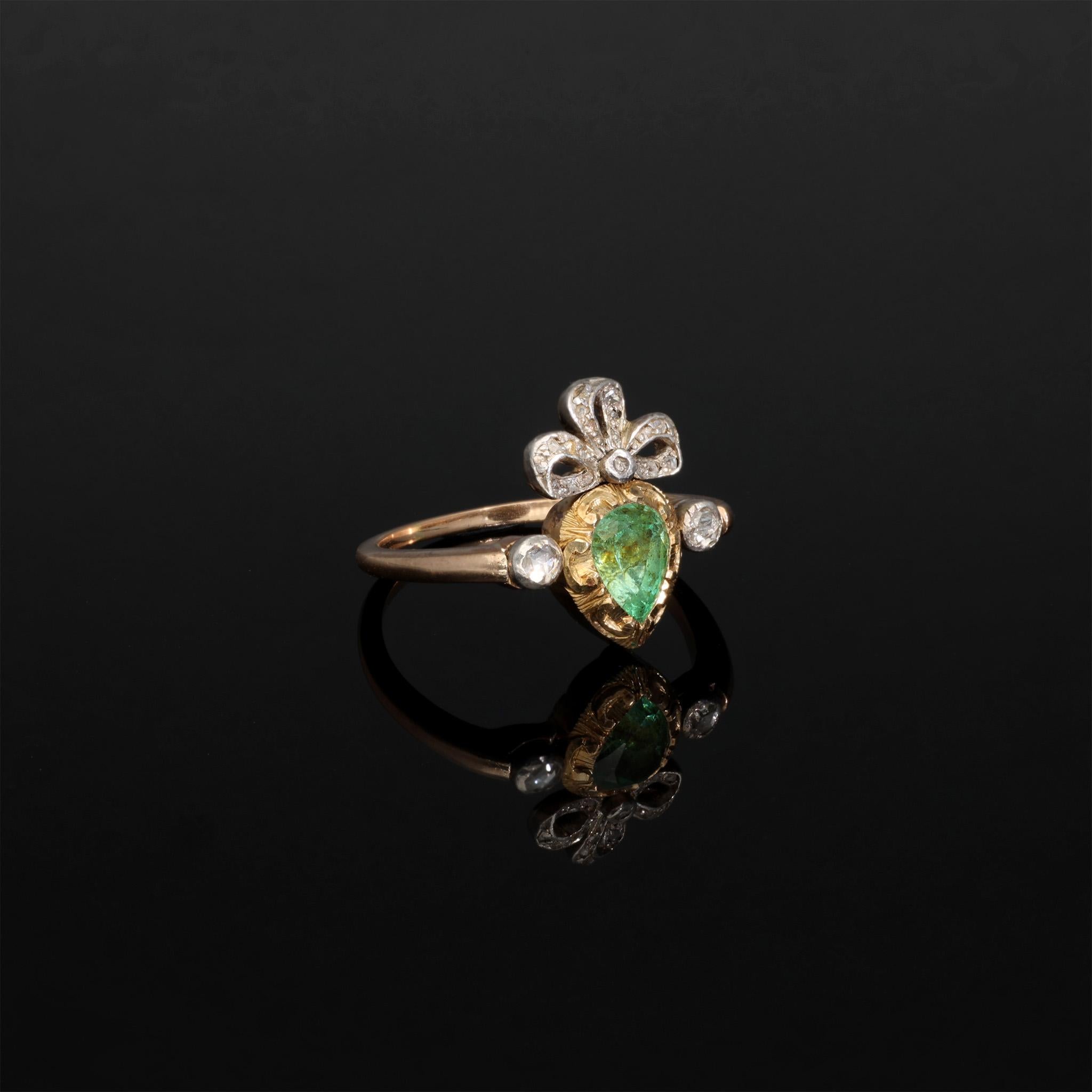 Georgian Vintage Crowned Flaming Heart Engagement Ring, Platinum 0.4 CT Emerald Gold Ring For Sale