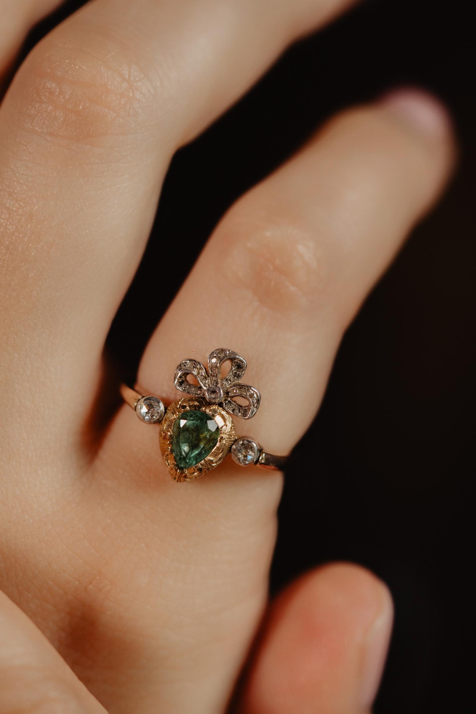 Vintage Crowned Flaming Heart Engagement Ring, Platinum 0.4 CT Emerald Gold Ring For Sale 1