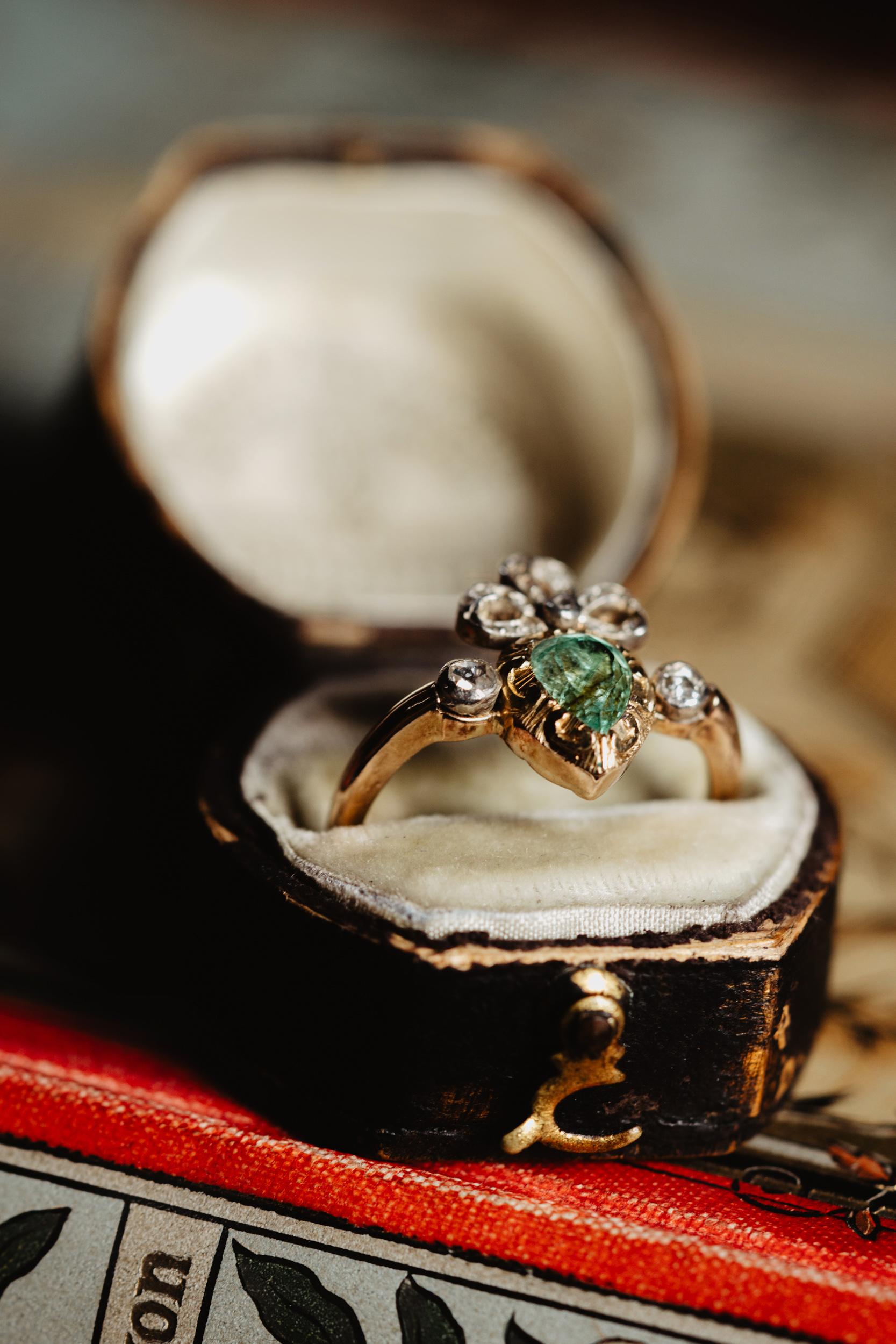 Vintage Crowned Flaming Heart Engagement Ring, Platinum 0.4 CT Emerald Gold Ring For Sale 2