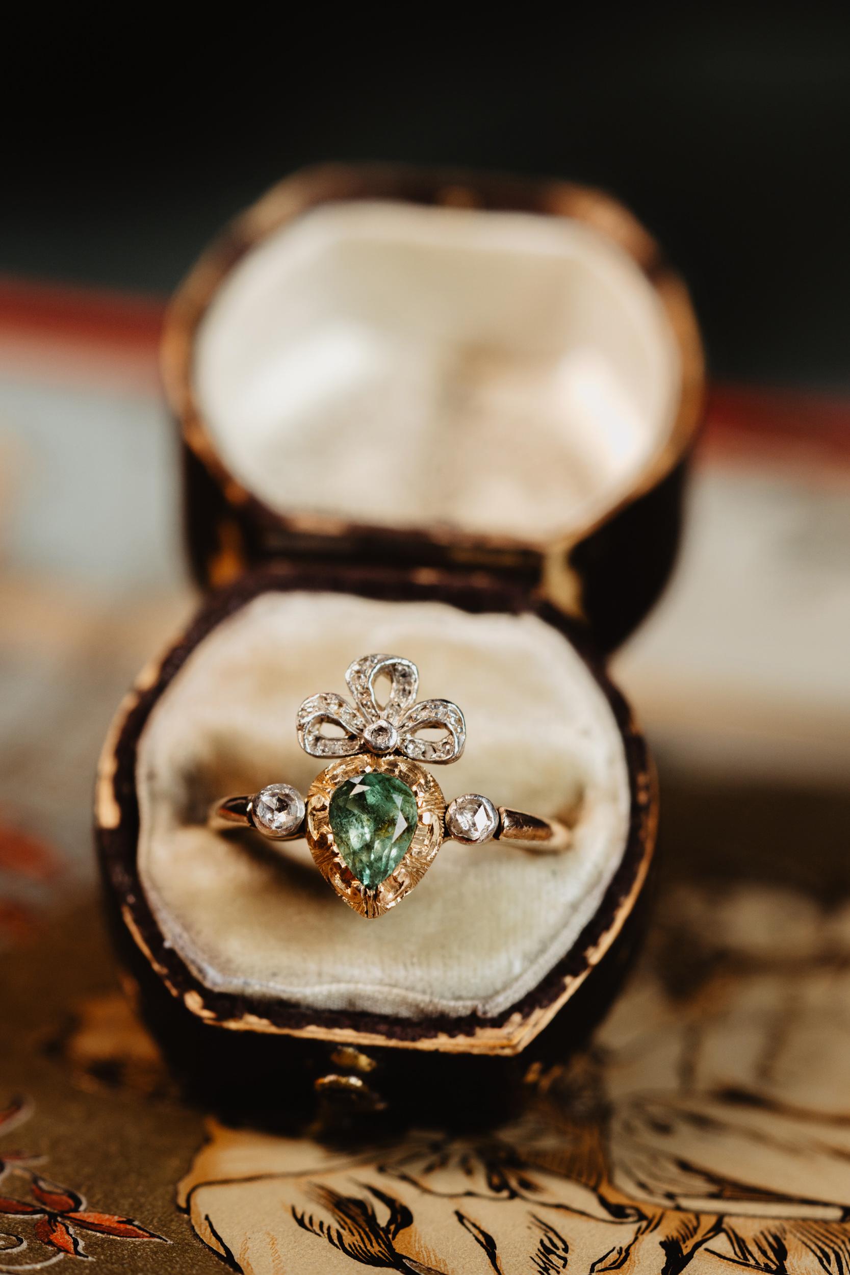Vintage Crowned Flaming Heart Engagement Ring, Platinum 0.4 CT Emerald Gold Ring For Sale 3