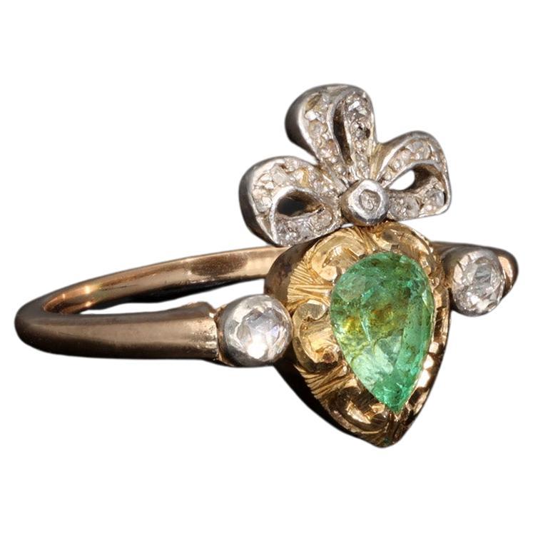 Vintage Crowned Flaming Heart Engagement Ring, Platinum 0.4 CT Emerald Gold Ring For Sale
