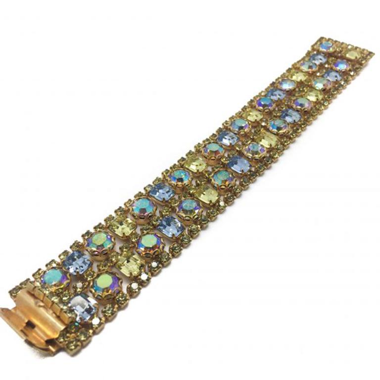 Vintage Crystal Acid Yellow Pink Blue Cocktail Bracelet 1950s In Good Condition In Wilmslow, GB
