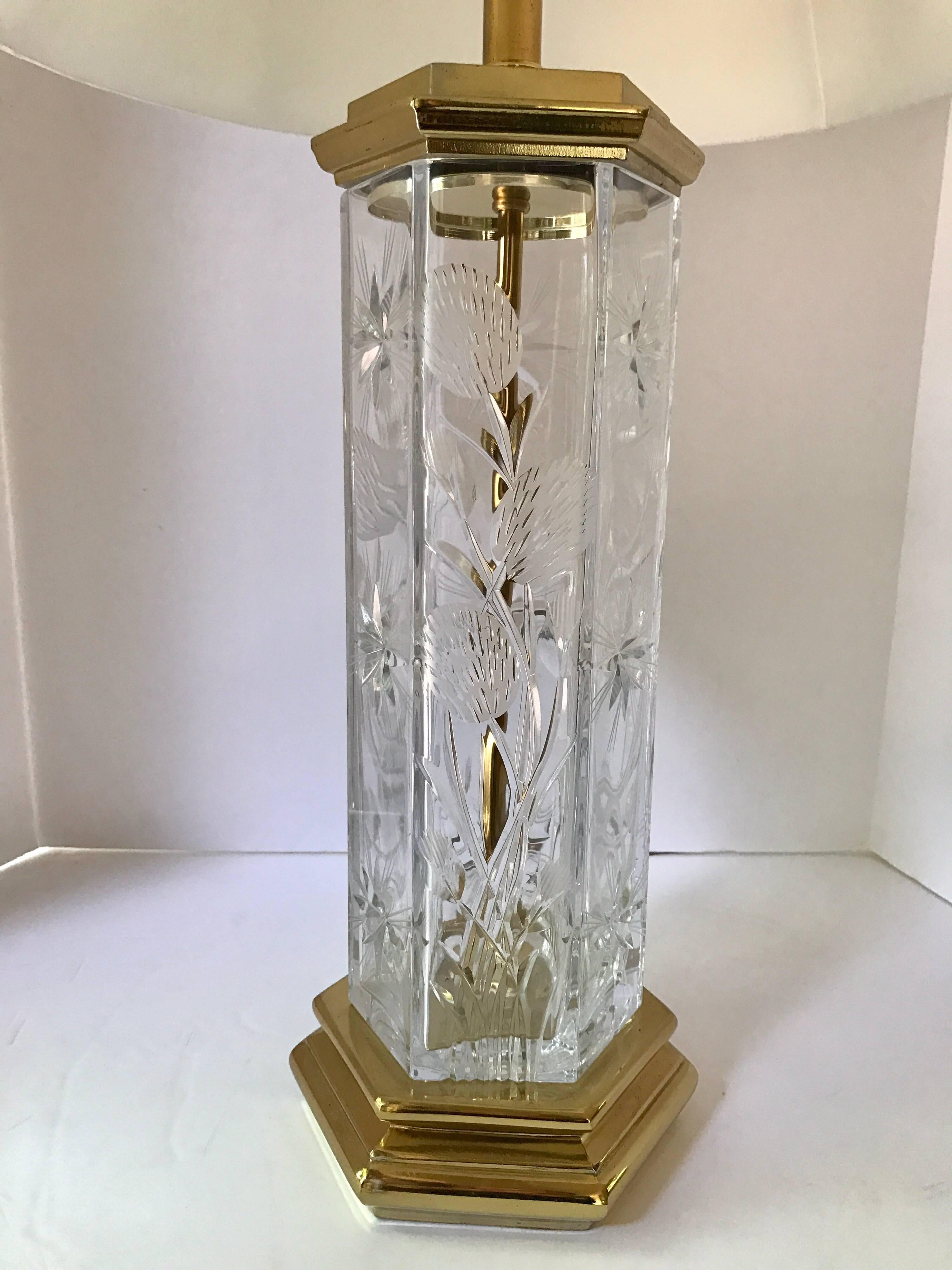 Vintage Crystal and Brass Mid-Century Modern Parsons School Table Lamp In Excellent Condition In West Hartford, CT