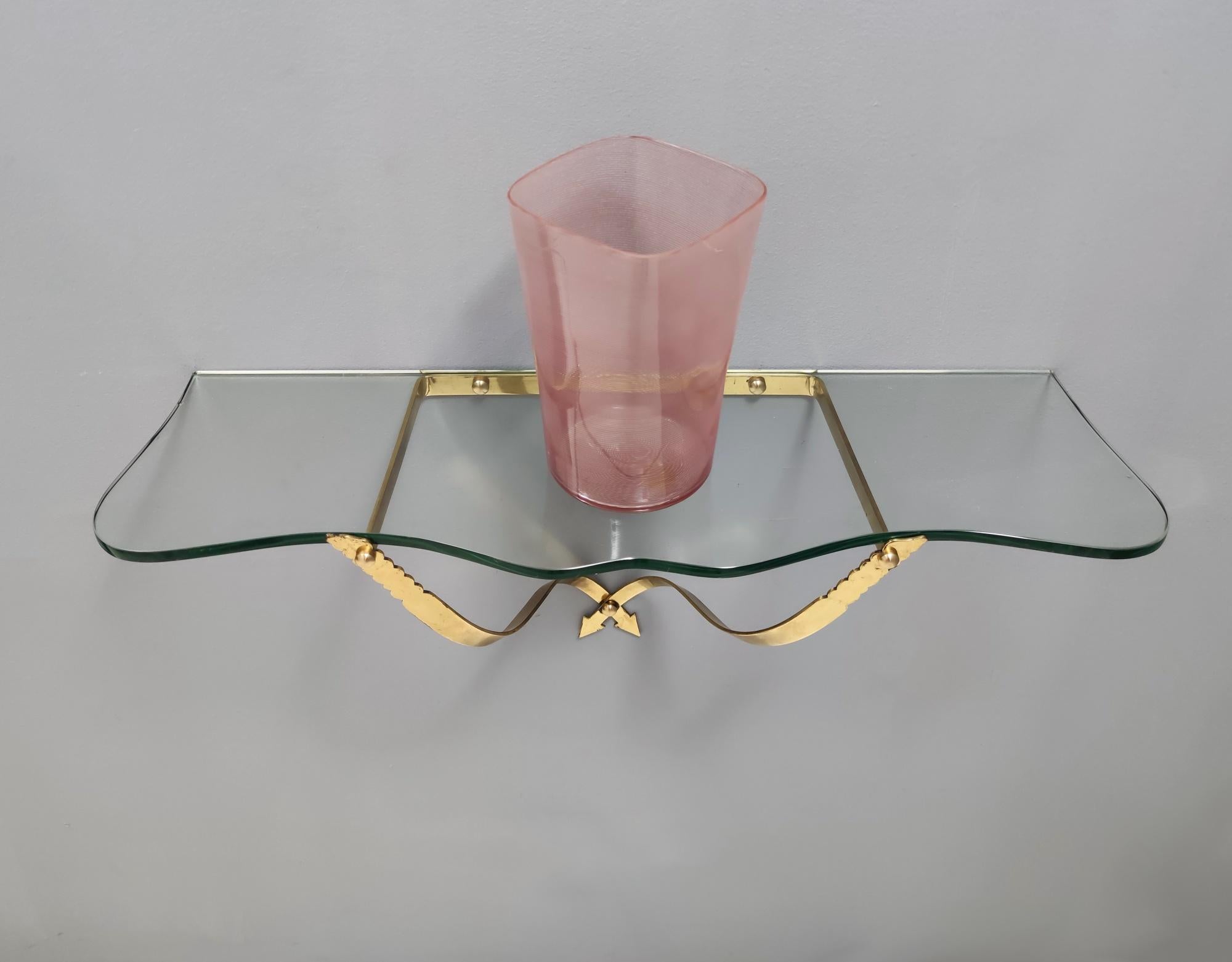 Mid-Century Modern Vintage Crystal and Brass Wall-Mounted Console Table by Cristal Art, Turin Italy