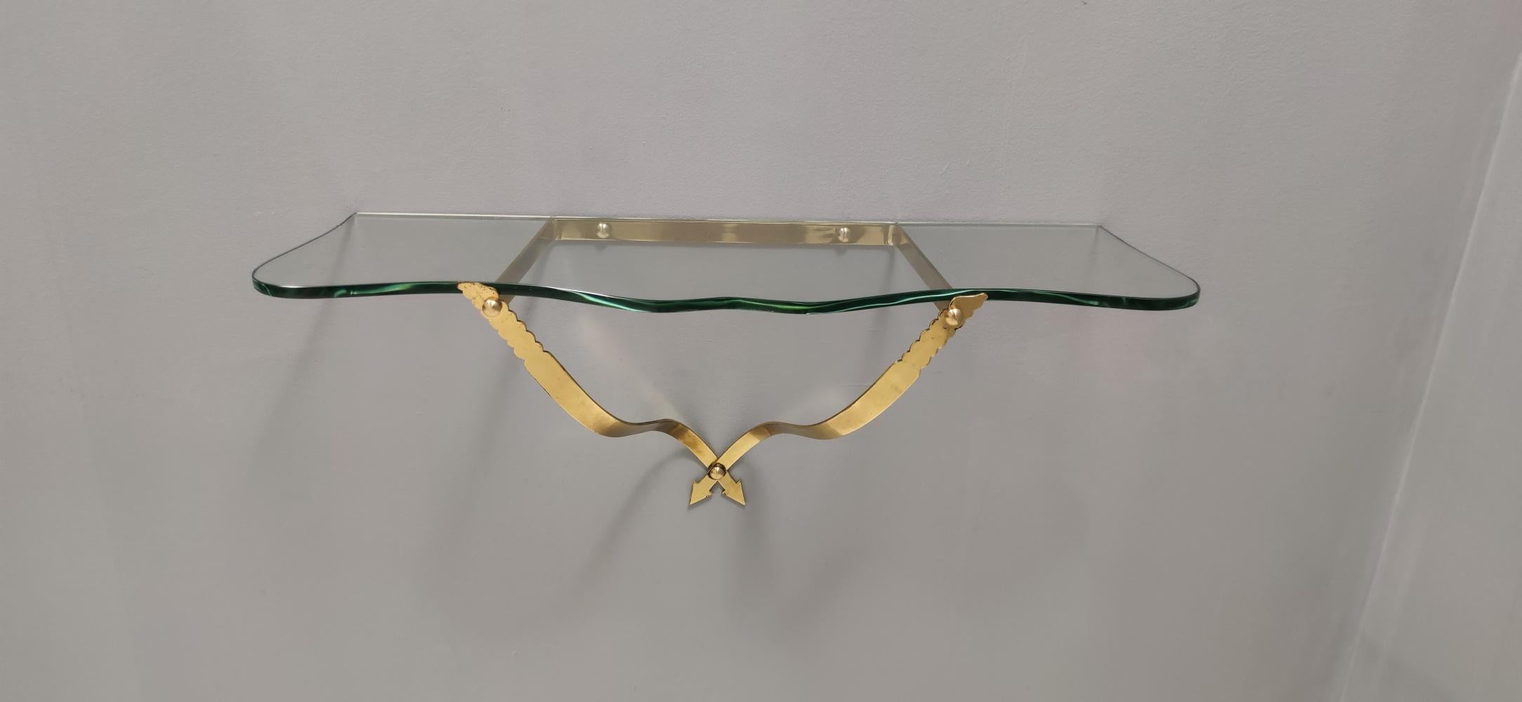 Mid-20th Century Vintage Crystal and Brass Wall-Mounted Console Table by Cristal Art, Turin Italy