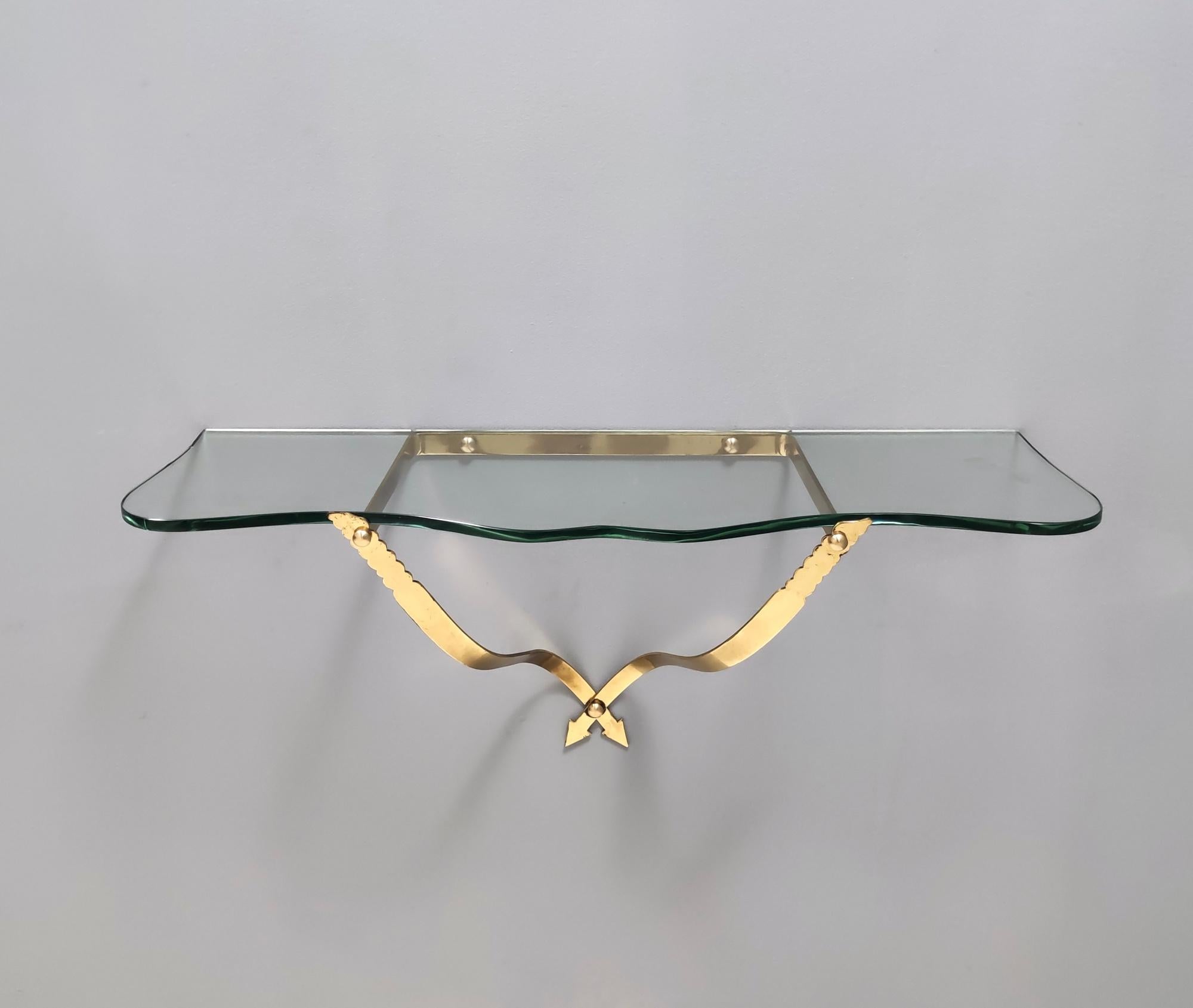Vintage Crystal and Brass Wall-Mounted Console Table by Cristal Art, Turin Italy 1