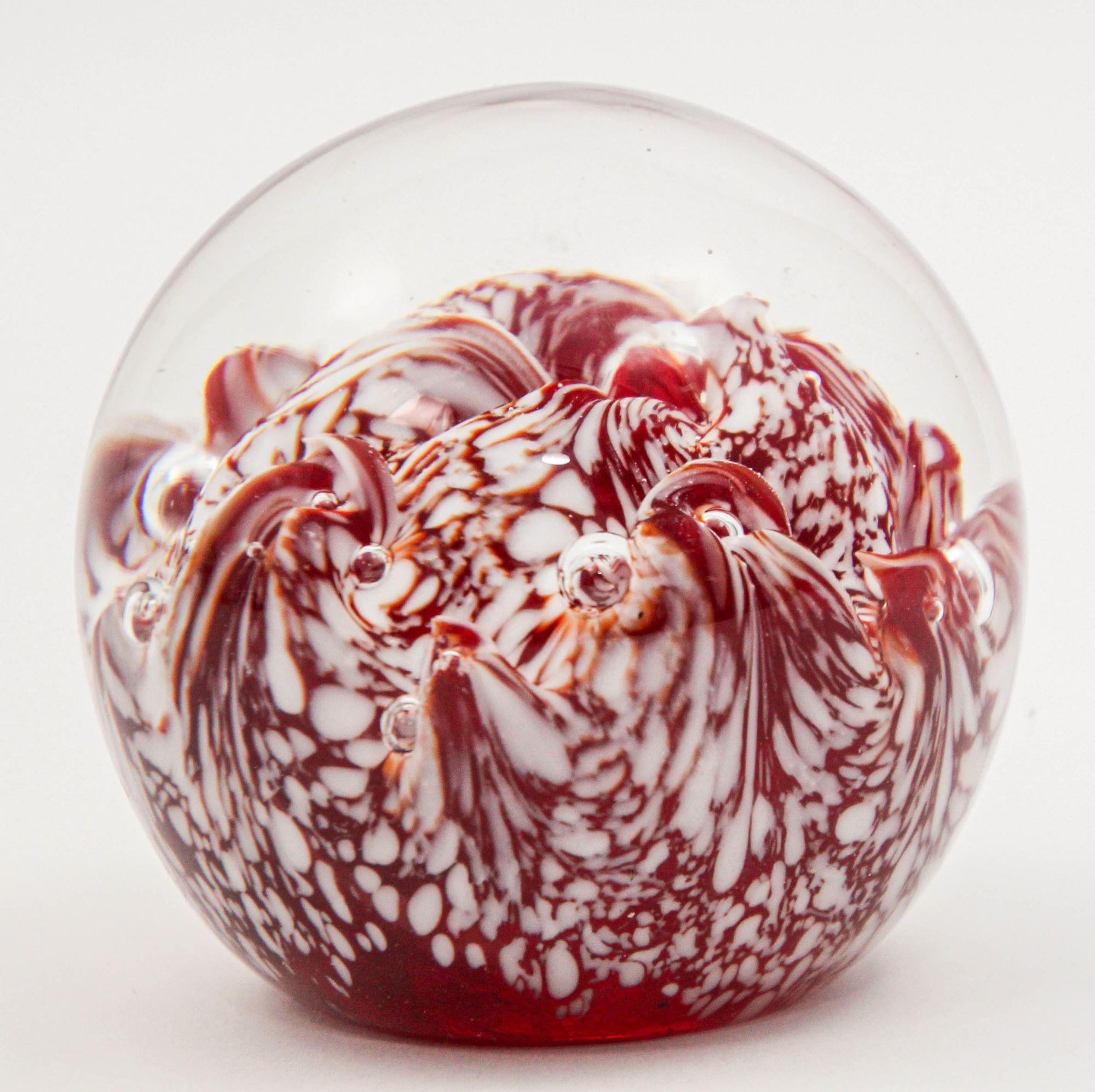 Hand-Crafted Vintage Crystal Art Glass Paperweight in Red and White Swirl Hungary 1960s For Sale