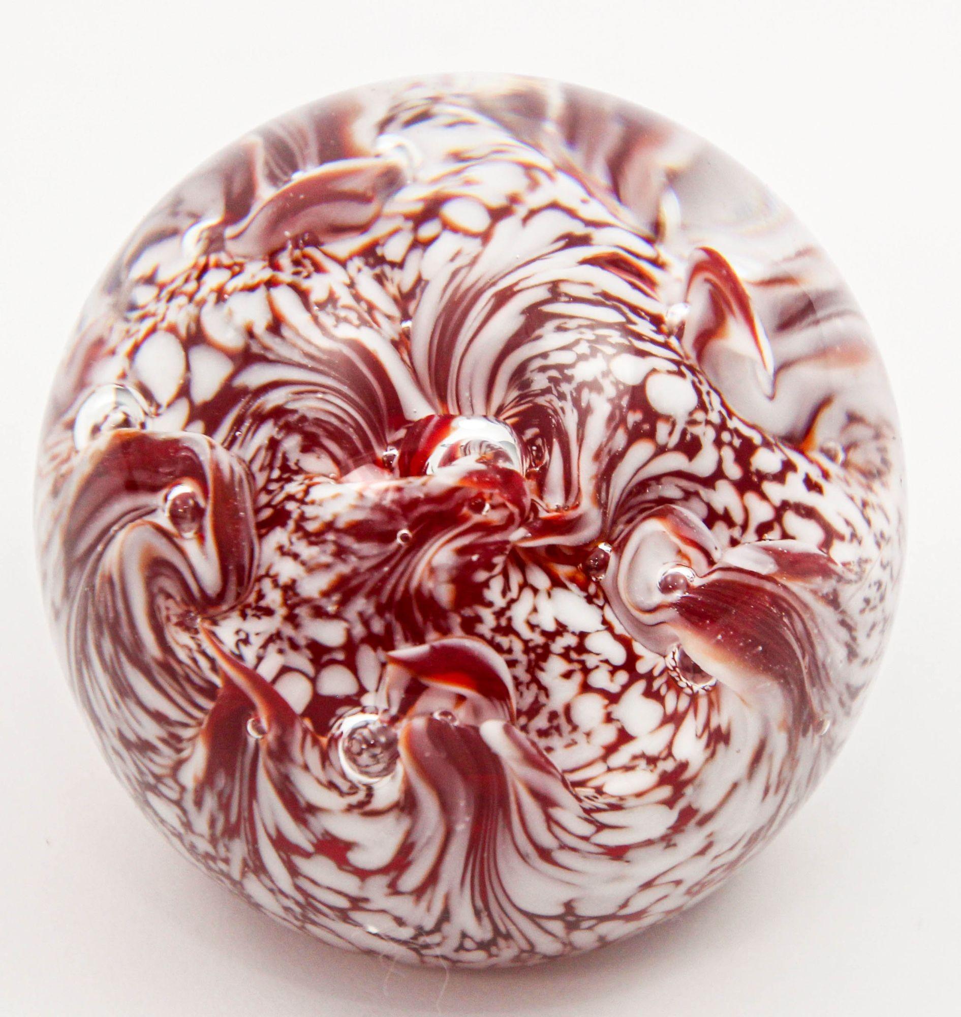Vintage Crystal Art Glass Paperweight in Red and White Swirl Hungary 1960s For Sale 1