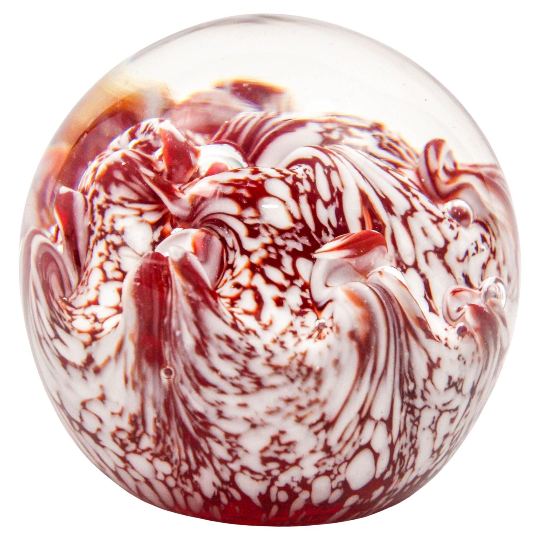 Vintage Crystal Art Glass Paperweight in Red and White Swirl Hungary 1960s