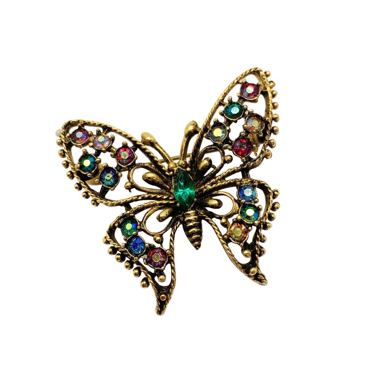Vintage Crystal Aurora Borealis Crystal Butterfly Brooch 1960s For Sale ...