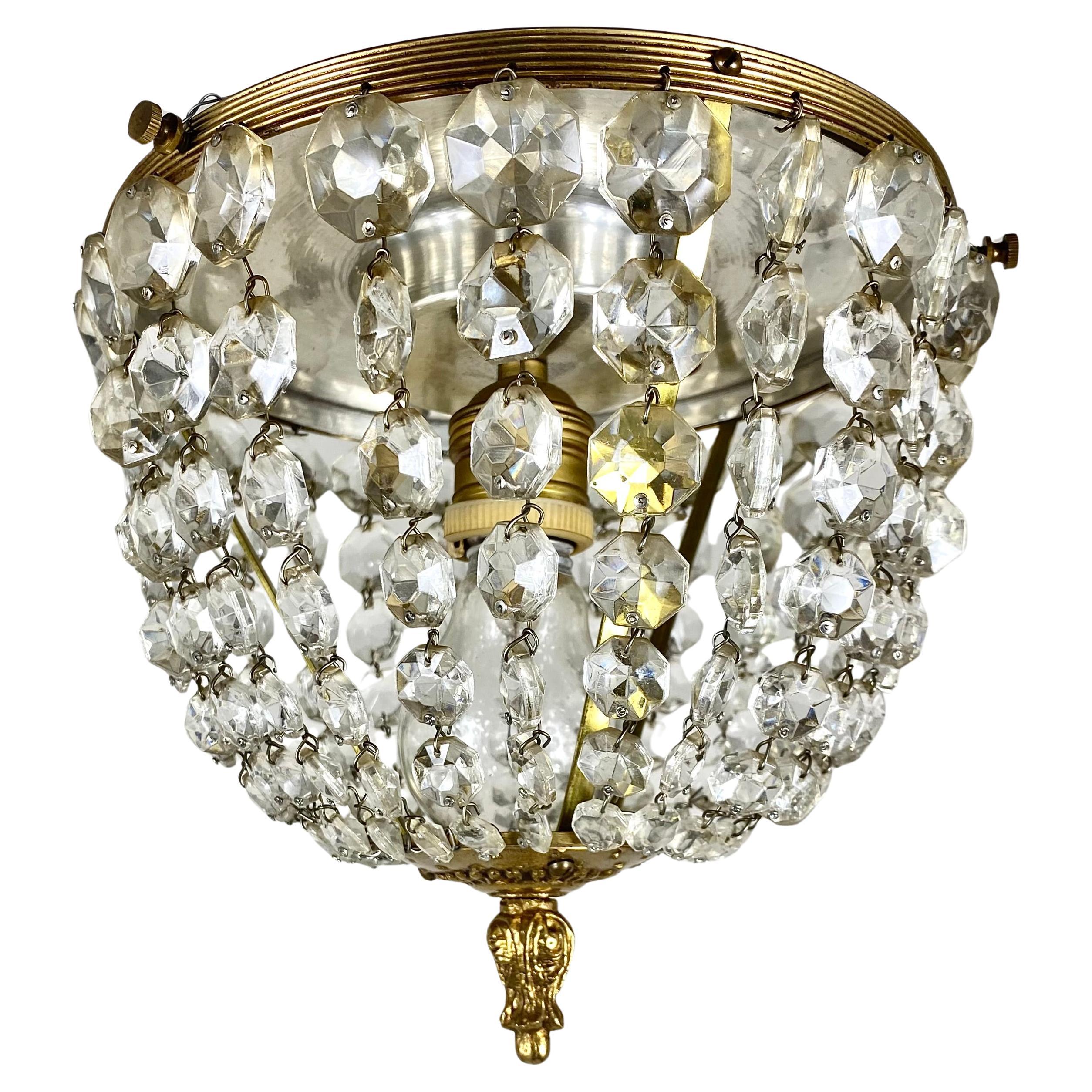 Vintage Crystal Brass Basket Chandelier Ceiling Light With Tassels France, 1960s