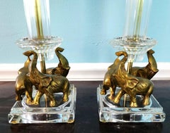 Vintage Crystal Brass Elephant Table Lamps Pair