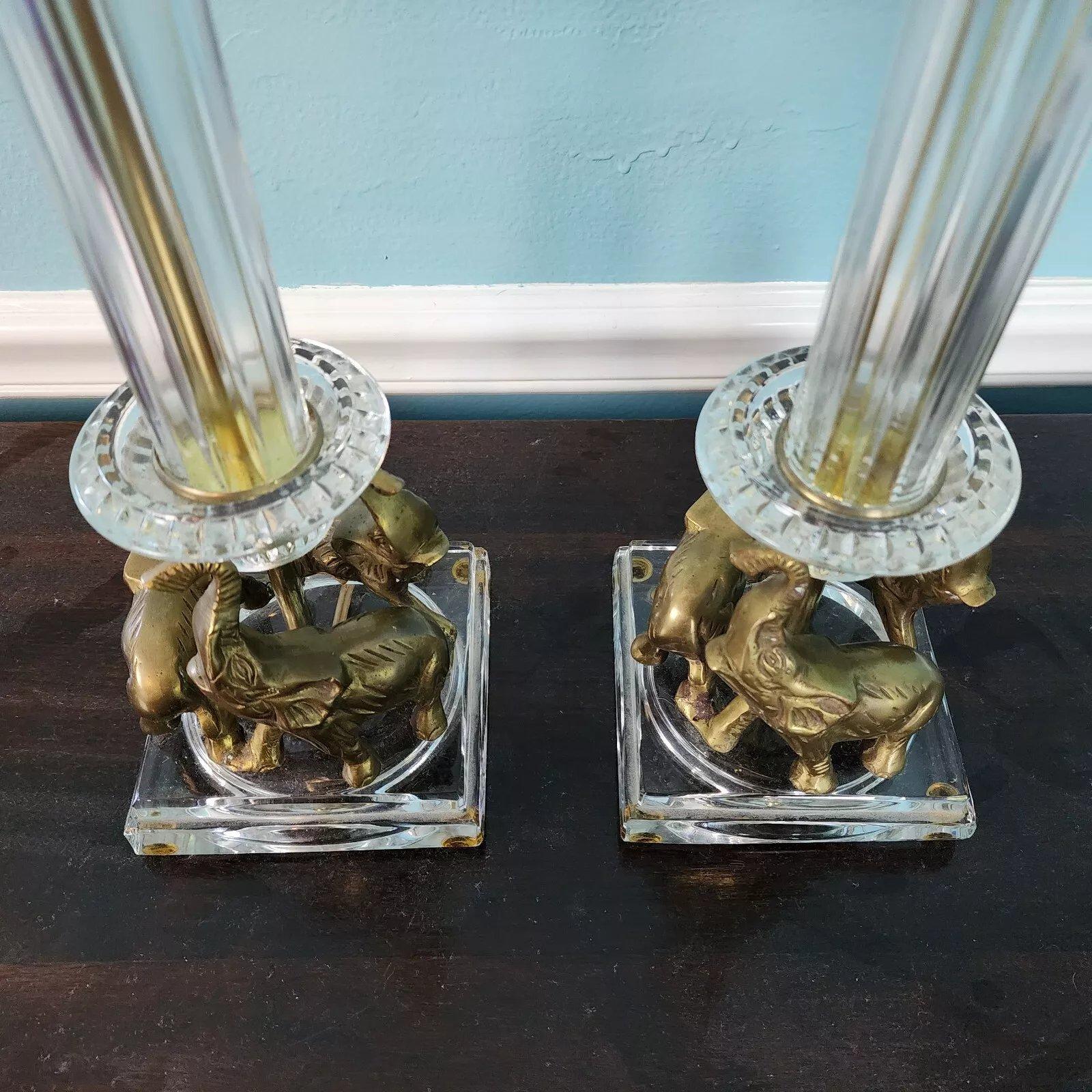 Vintage Kristall Messing Elefant Tischlampen Paar (Ende des 20. Jahrhunderts) im Angebot