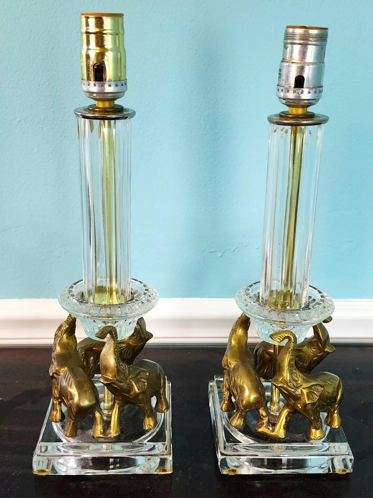 Vintage Kristall Messing Elefant Tischlampen Paar im Angebot 2
