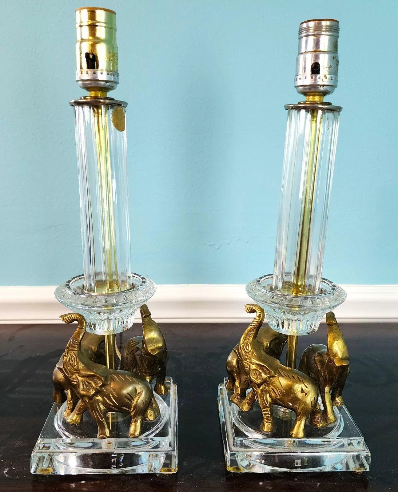 Vintage Kristall Messing Elefant Tischlampen Paar im Angebot 5