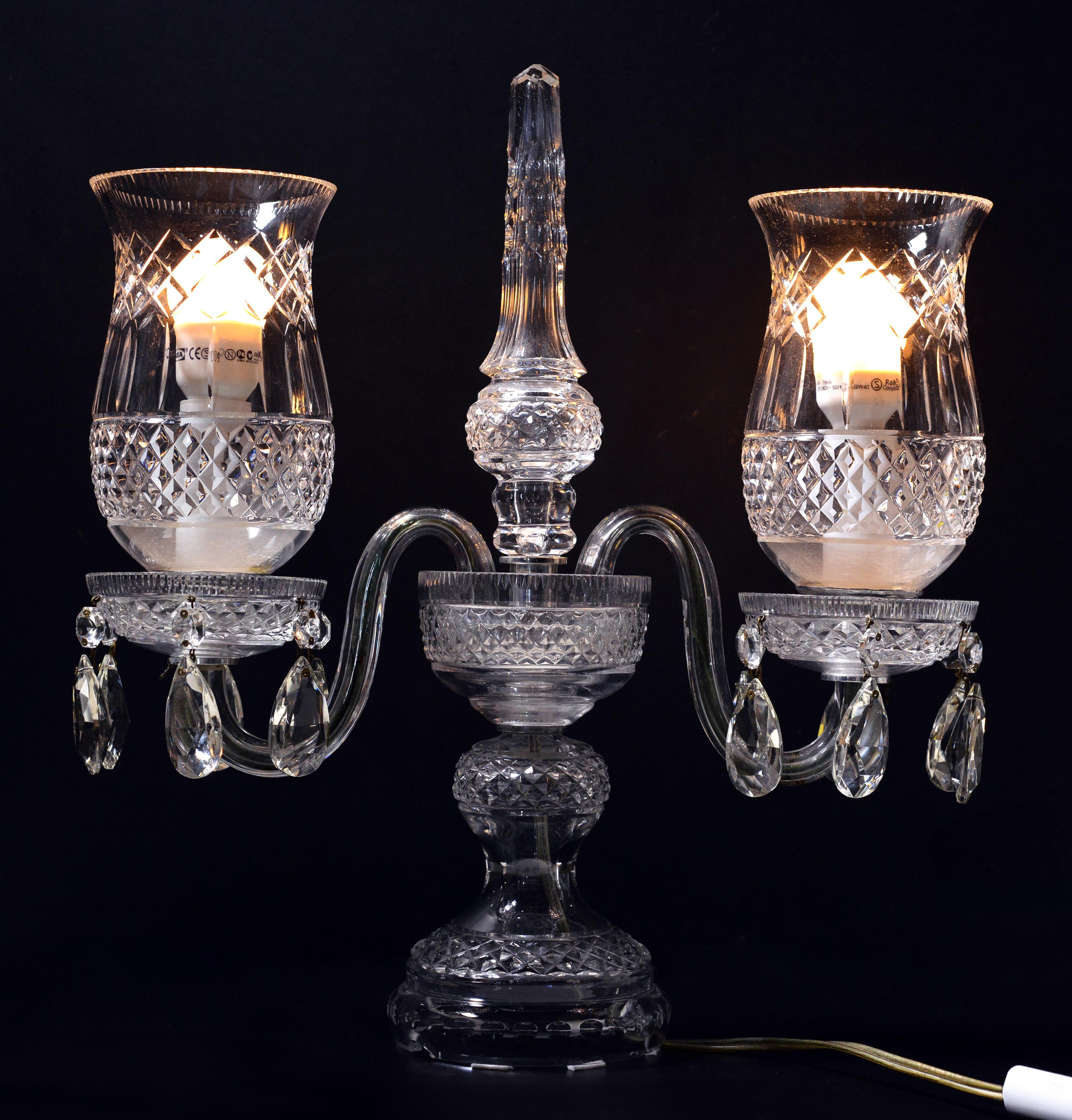 Baroque Vintage Crystal Candelabra Double Hurricane Lamp Baccarat style 20th century For Sale