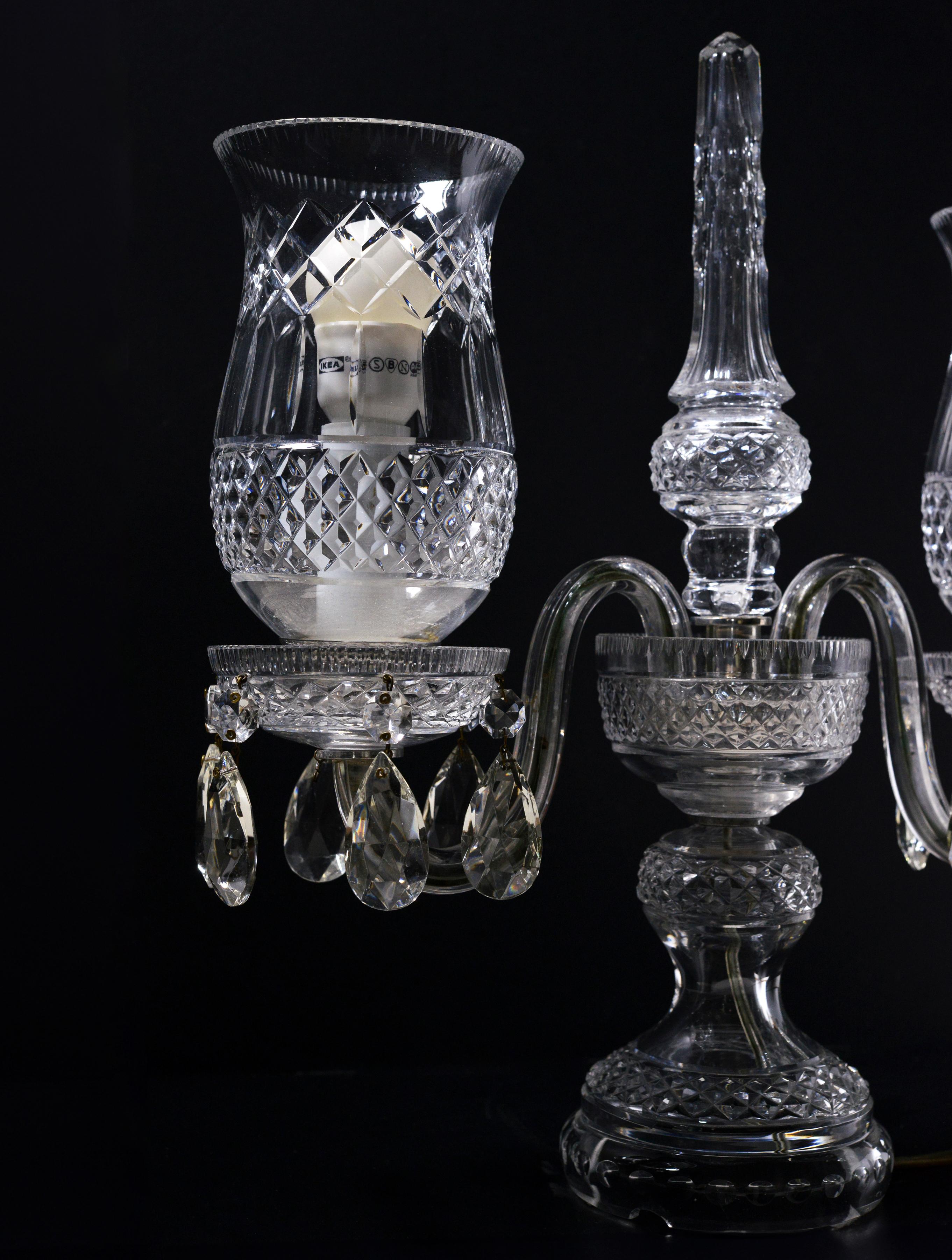 European Vintage Crystal Candelabra Double Hurricane Lamp Baccarat style 20th century For Sale