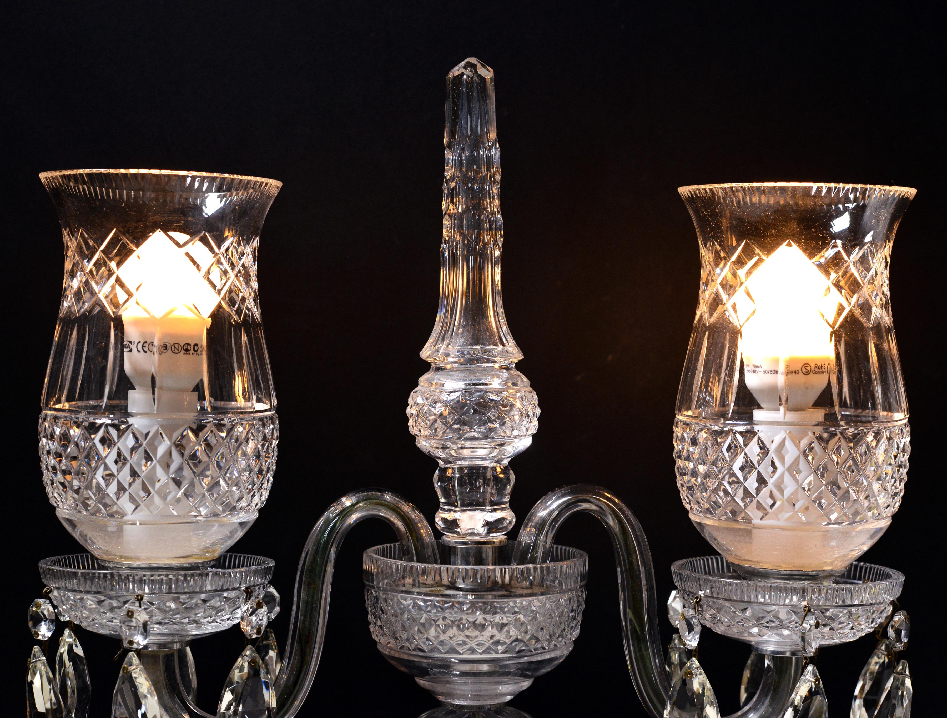 Vintage Crystal Candelabra Double Hurricane Lamp Baccarat style 20th century For Sale 1