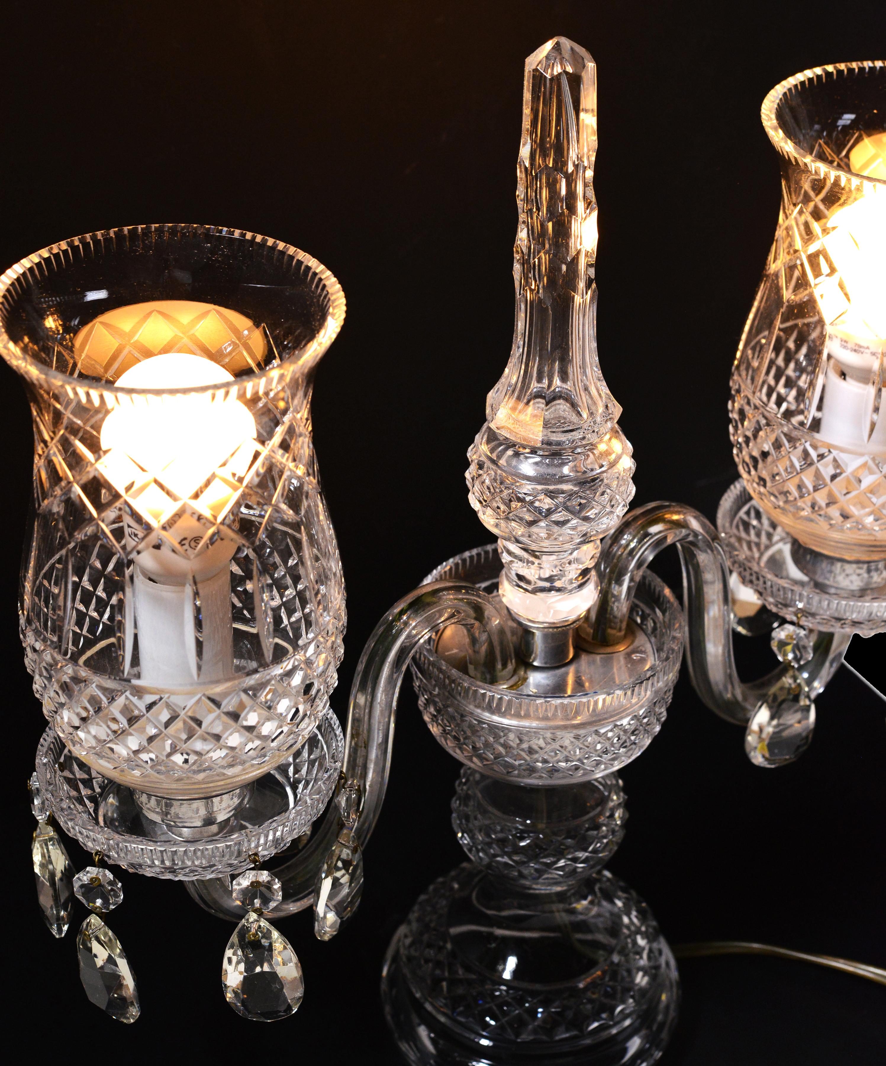 Vintage Crystal Candelabra Double Hurricane Lamp Baccarat style 20th century For Sale 2